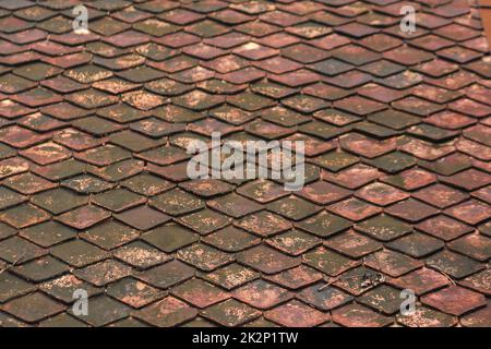 Vecchie piastrelle di argilla sul tetto con muschio Foto Stock