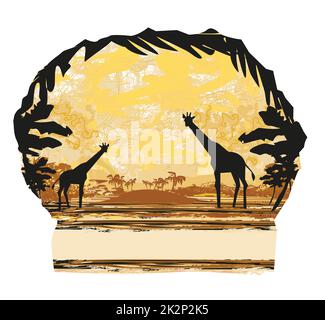 Grunge background con la giraffa silhouette su abstract africana di fauna e flora selvatiche Foto Stock