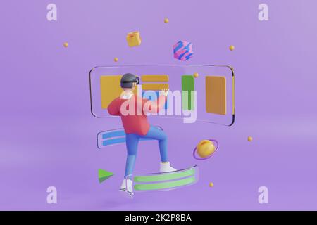 3D uomo che indossa la tecnologia e tocca la realtà virtuale in casa, nel metaverse, nel futuro, nel gioco, nella realtà virtuale. Toccare la realtà virtuale entra nel mondo virtuale Foto Stock