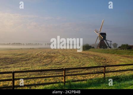Cancello di fronte ad un mulino a vento vicino a Bleskensgraaf Foto Stock