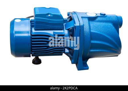 Pompa dell'acqua blu isolata su sfondo bianco Foto Stock