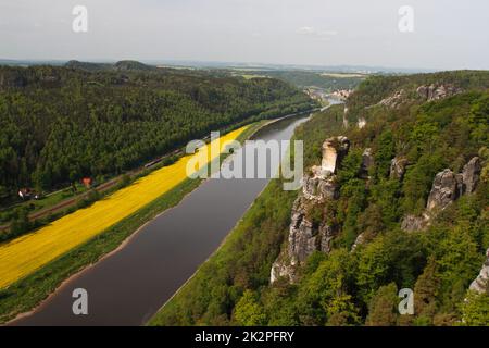 Vista dal Bastei sul fiume Elba, Svizzera sassone Foto Stock