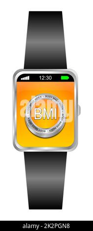 Smartwatch con BMI - pulsante Indice massa corporea sul display arancione - illustrazione 3D Foto Stock