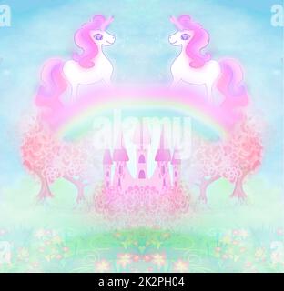 Carta con un simpatico unicorns arcobaleno e fiabesco Castello principessa Foto Stock