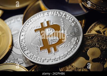 Criptovaluta bitcoin argento Foto Stock