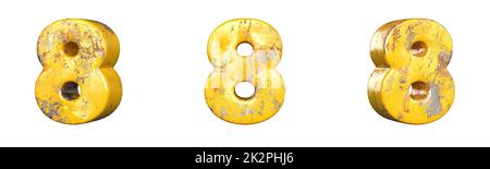 Numero 8 (otto) da un insieme di numeri di grunge gialli metallici. Isolato. Rendering 3D Foto Stock