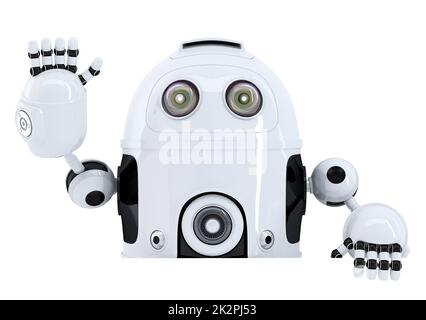 Robot con banner vuoto e Ciao. ondulato Isolato. Contiene il tracciato di ritaglio Foto Stock