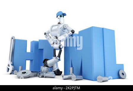 Robot con segno HTML. Concetto di tecnologia. Isolato. Percorso di containsclipping Foto Stock