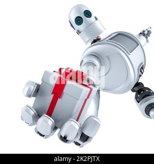 Robot che dà una confezione regalo. Isolato. Contiene il tracciato di ritaglio Foto Stock