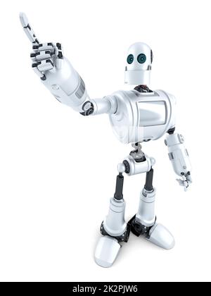 Robot che punta su qualcosa. Isolato. Contiene il tracciato di ritaglio Foto Stock