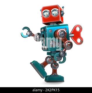 Robot retrò avvolto con una chiave. Isolato. Contiene il tracciato di ritaglio Foto Stock