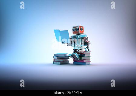 Il Robot seduto su un mucchio di libri. Contiene il percorso di clipping Foto Stock