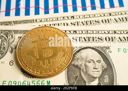 Oro bitcoin su banconote in dollari USA per cambio elettronico mondiale di denaro virtuale, blockchain, criptovaluta Foto Stock