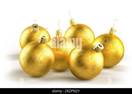 Gruppo di palle decorative dorate di Natale. Isolato. Rendering 3D Foto Stock