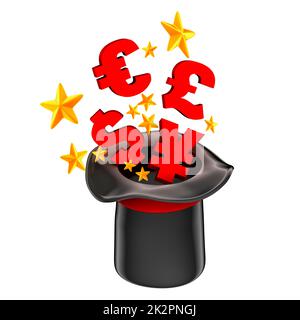 Soldi volare al di fuori di un mago hat. Il concetto di business. Isolato. Contiene il percorso di clipping Foto Stock