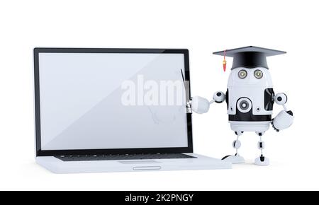 Studente robot con il puntatore e laptop. Isolato. Contiene clippig percorso del robot e lo schermo del notebook Foto Stock