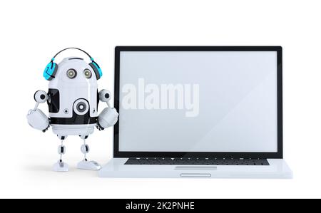 Robot con le cuffie e un enorme laptop. Isolato. Contiene il percorso di clipping Foto Stock