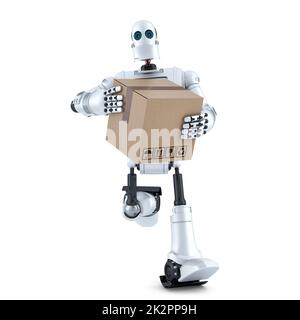 Il robot funziona con un enorme contenitore pacchi. Isolato. Contiene il tracciato di ritaglio Foto Stock