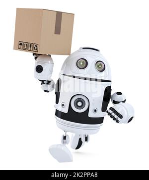 Robot in fretta per consegnare il pacchetto. Isolato. Contiene il tracciato di ritaglio Foto Stock