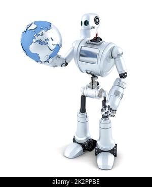Il robot tiene il globo della terra. Concetto di tecnologia. Isolato. Contiene il tracciato di ritaglio Foto Stock