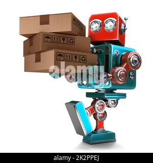 Consegna corriere Robot consegna pacco. Isolato. Contiene il tracciato di ritaglio Foto Stock