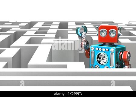 Robot retrò in un labirinto. Concetto di tecnologia. illustrazione 3d Foto Stock