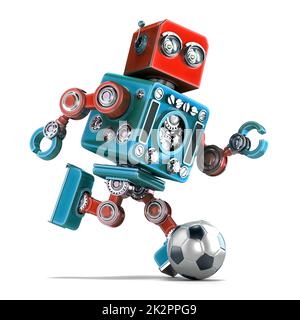 Robot retrò che gioca a calcio. Isolato. Contiene il tracciato di ritaglio. Foto Stock