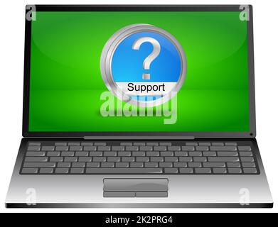 Computer portatile con pulsante di supporto blu sul desktop verde - illustrazione 3D Foto Stock