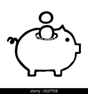 Icona o logo Doodle Piggy Bank, disegnato a mano con sottile linea nera. Foto Stock