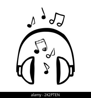 Cuffie Doodle con musica disegnate a mano con sottile linea nera. Foto Stock