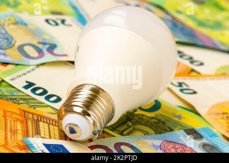 Primo piano della lampadina giacente sulle banconote in euro Foto Stock