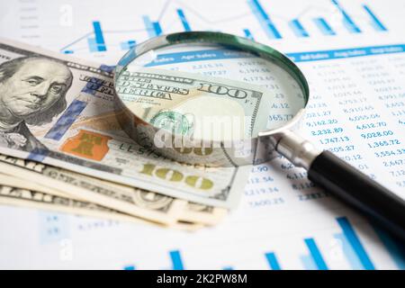 Lente d'ingrandimento con banconote in dollari USA su carta grafici. Sviluppo finanziario, conto bancario, Statistiche, Investment Analytic Research data economy. Foto Stock