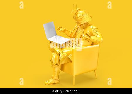 Samurai seduto su una sedia con un computer portatile. Rendering 3D Foto Stock