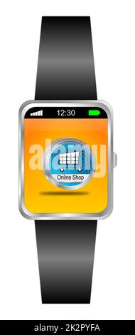 Smartwatch con pulsante Shop online blu sul display arancione - illustrazione 3D Foto Stock