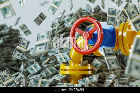 Gasdotto, attrezzature ausiliarie presso la stazione di pompaggio del gas e un sacco di dollari in caduta. Messa a fuoco selettiva. rendering 3d Foto Stock