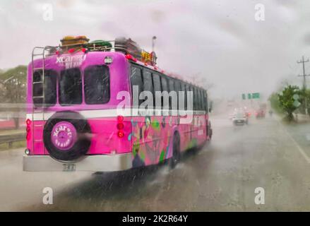 L'autobus Xcaret rosa guida in forte pioggia sull'autostrada Messico. Foto Stock