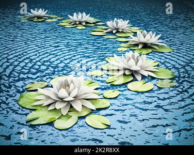 Gruppo di lillie bianche sull'acqua in una linea. Illustrazione 3D Foto Stock