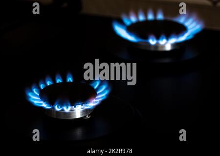 Colpo di primo piano di fuoco blu da cucina domestica piano cottura. Gas che brucia, bruciatore di stufa a gas. Fornello a gas con fiamme accese di gas propano. Risorse industriali e concetto di economia. Foto Stock