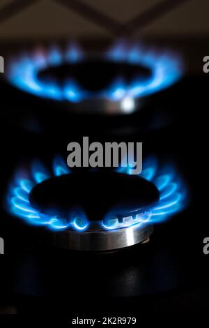 Colpo di primo piano di fuoco blu da cucina domestica piano cottura. Gas che brucia, bruciatore di stufa a gas. Fornello a gas con fiamme accese di gas propano. Risorse industriali e concetto di economia. Foto Stock