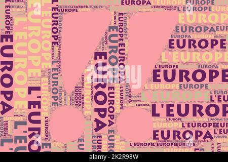 Le parole 'Europa, Europa, l'Europa, ' come Word Art, Word Cloud, Tag Cloud in diverse lingue con Copy Space. Foto Stock