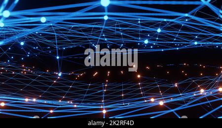 Griglia di illuminazione blu e arancione, tecnologia di comunicazione per Internet business. Rete mondiale globale e telecomunicazioni Foto Stock