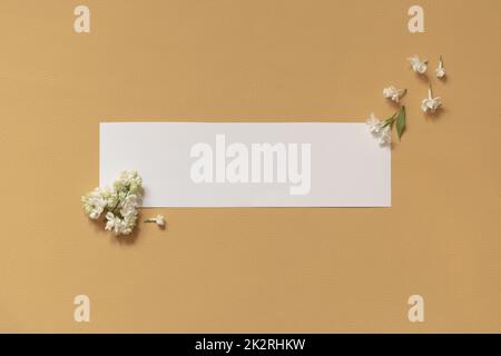 fiori lilla con cartellino bianco. Creative congratulazioni layout da lilla su carta bianca. Fiore di primavera concetto. Disposizione piatta, vista dall'alto, spazio di copia Foto Stock