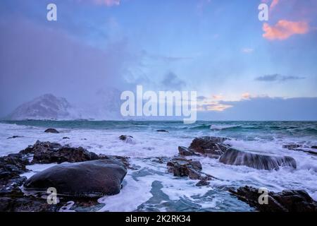 Costa del Mare di Norvegia sulla costa rocciosa nel fiordo sul tramonto Foto Stock