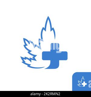 Foglia di Mariuhana con logo a croce, segno medico di cannabis Foto Stock