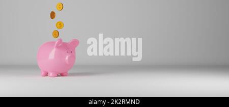 Cadendo monete con una banca rosa piggy su una parete grigia Foto Stock