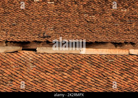 Vecchie piastrelle di argilla sul tetto del tempio tailandese Foto Stock