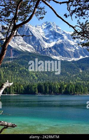 Germania, Baviera, alta Baviera, Landkreis Garmisch-Partenkirchen, montagne di Wetterstein, Zugspitze montagna, Eibsee, paesaggio, vacanza Foto Stock