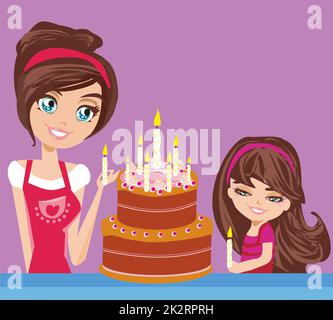 Madre e figlia decorare la torta Foto Stock