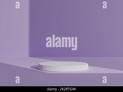 Composizione di rendering 3D semplice e minimale con un cilindro bianco podium o Stand on Abstract Shadow sfondo viola per la finestra di visualizzazione del prodotto luce proveniente dal lato destro Foto Stock