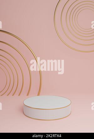 Pastello, rosso chiaro, rosa salmone 3D rendering minimal prodotto display di lusso cilindro podio o prodotto sfondo composizione astratta con linee dorate e cerchi Foto Stock